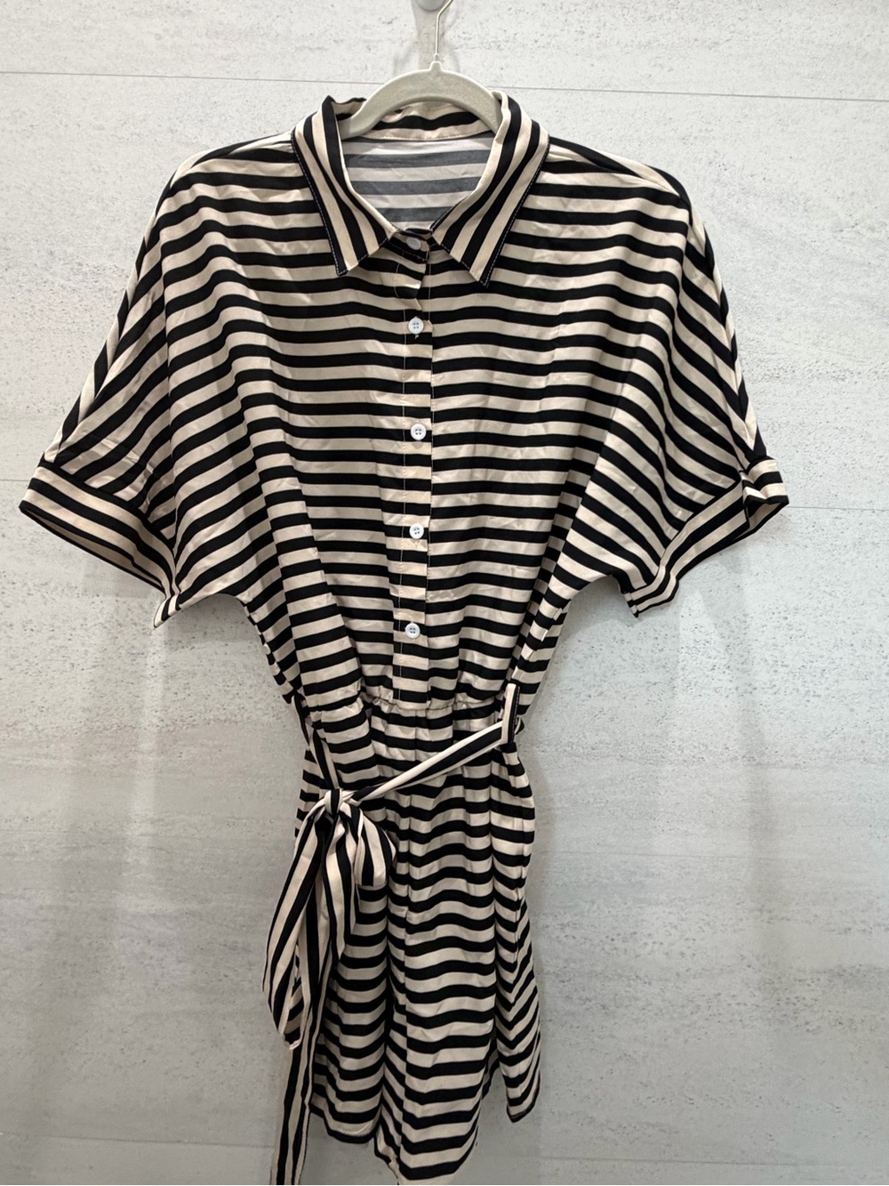 Striped Collared Short-Sleeve Romper in Black and Cream